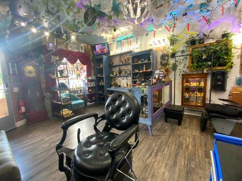 Tufted barber chair and shelves of curiosities